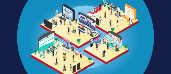 Illustration of exhibit floor with booths and people interacting